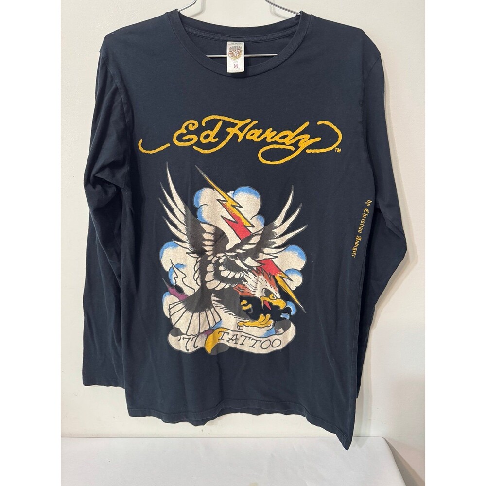 ED HARDY BY CHRISTIAN AUDIGIER '77 TATOO BLACK LS TEE medium rare find